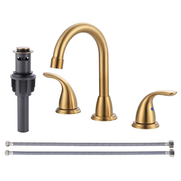 IVIGA 8 in. Widespread Double Handle Bathroom Faucet with Swivel Spout, Pop Up Drain and Supply Lines in Gold