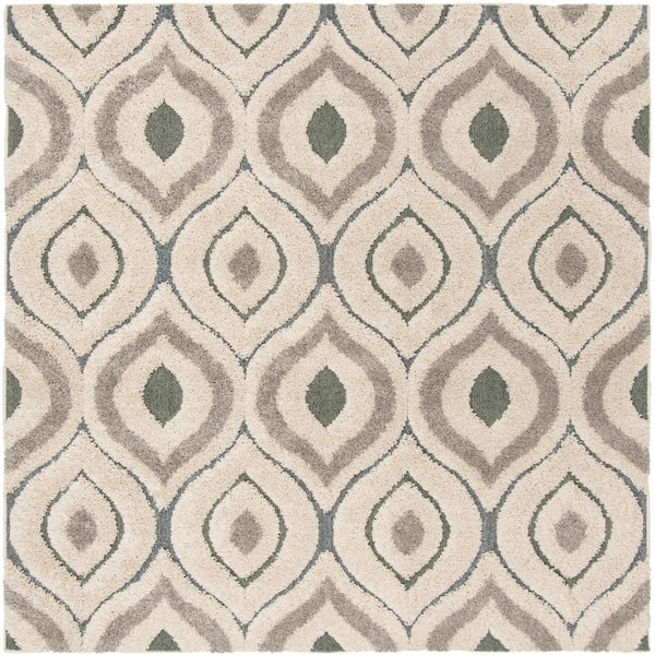 SAFAVIEH Florida Shag Cream/Light Blue 7 ft. x 7 ft. Square Geometric Area Rug