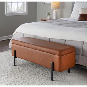 Daniella Camel Faux Leather and Black Steel Storage Bedroom Bench