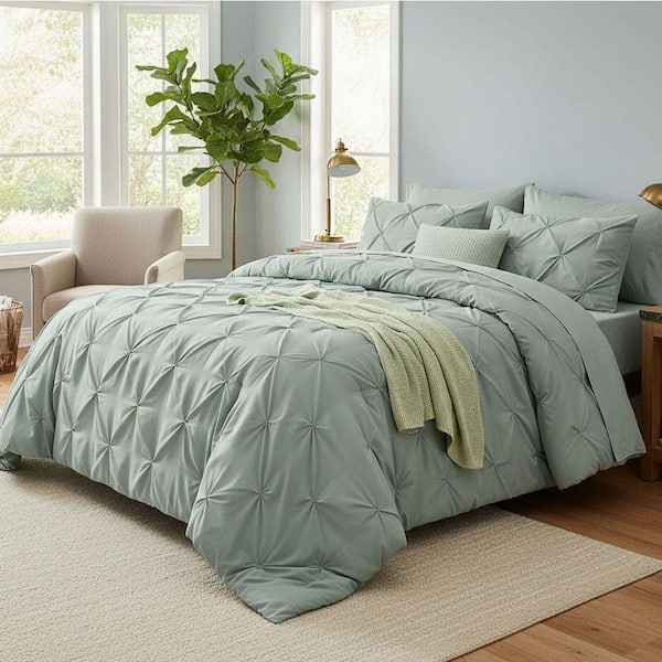 Pinch Pleat California King 7-Piece Sage Green Comforter Set