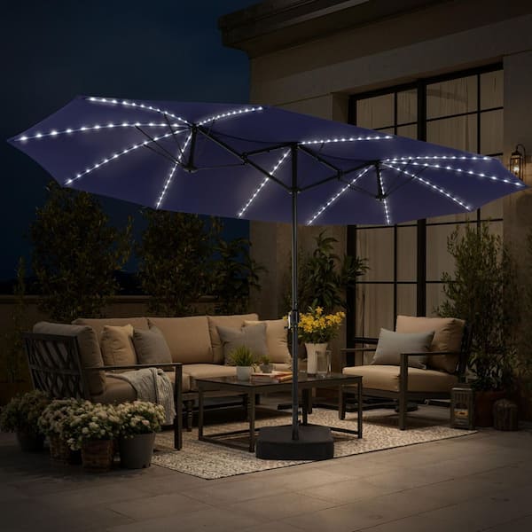 15 ft. Patio Solar Market Umbrella Double-Sided Twin Outdoor Umbrella with Base and Solar LED Lights in Navy Blue