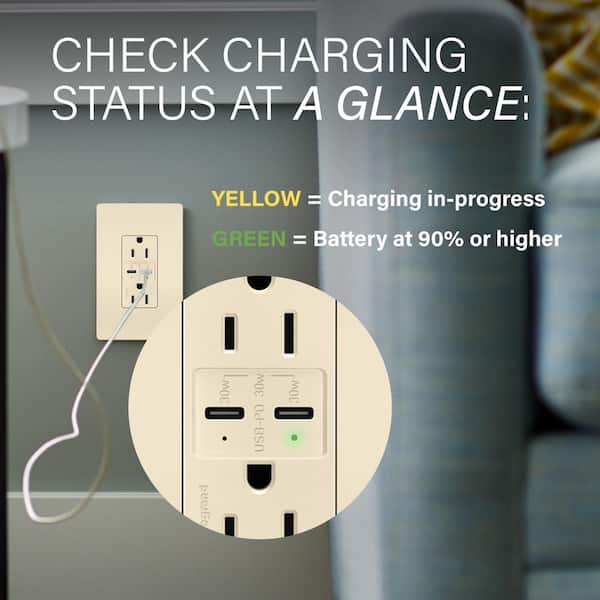 radiant 20 Amp 125-Volt Tamper-Resistant Duplex Outlet with Ultra-Fast PLUS Power Delivery USB C/C, Light Almond