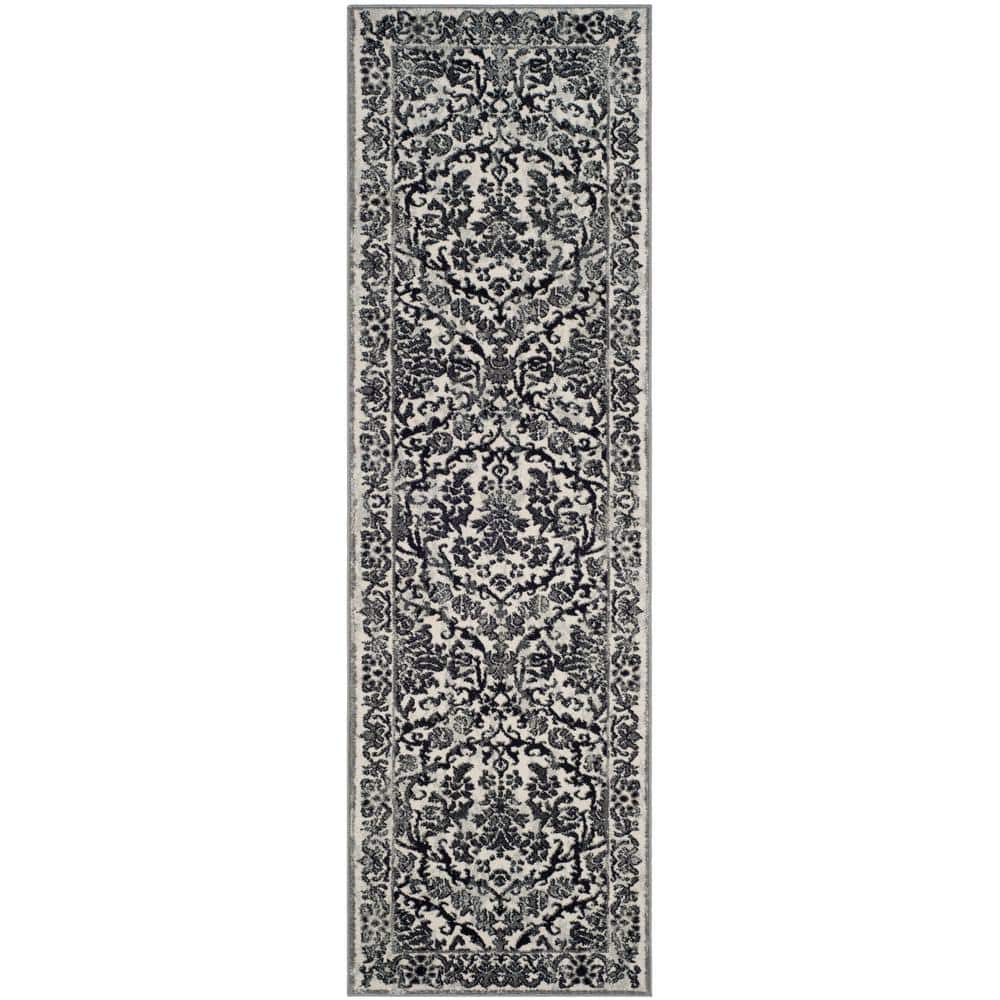 Ivory and Gray Floral Hand-knotted Runner Rug