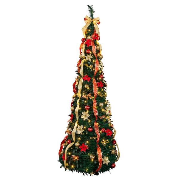 7 ft. Pre-Lit LED Fully Decorated Pop Up Artificial Christmas Tree with Red Gold Ornaments
