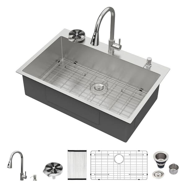 33 in. Drop-in/Topmount Single Bowl 16 Gauge Brushed Stainless Steel Kitchen Sink with Pull Down Faucet and Cup Washer