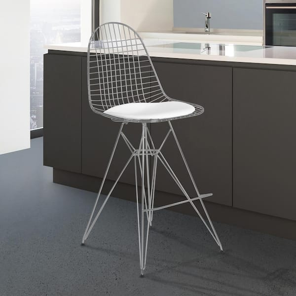 Armen Living Aquila 28 in. White Faux Leather and Chrome Finish Wire Bar Stool