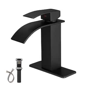 Single Handle Single Hole Bathroom Faucet with Waterfall and Drain Assembly in Matte Black