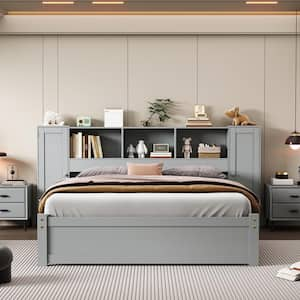 Gray Wood Frame Full Size Platform Bed with Storage Headboard and Lockers