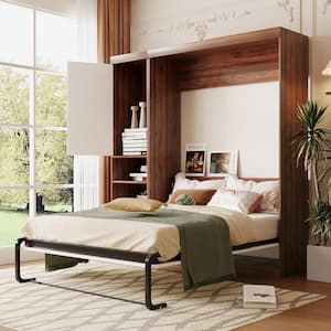 White and Brown Wood Frame Full Size Murphy Bed, Wall Bed with Cabinet