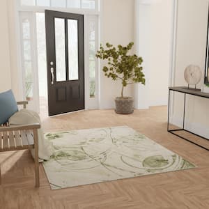 Astra Machine Washable Beige Green 5 ft. x 7 ft. Abstract Contemporary Area Rug