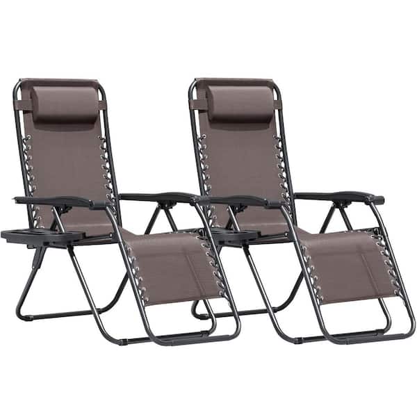 Tozey 2-Piece Brown Zero Gravity Black Metal Lawn Chair Set Adjustable Folding Beach Chair with Pillows and Cup Holders