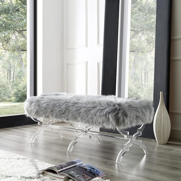 Inspired Home Reida Grey Bench Faux Fur 18 in. x 18 in. x 48 in.
