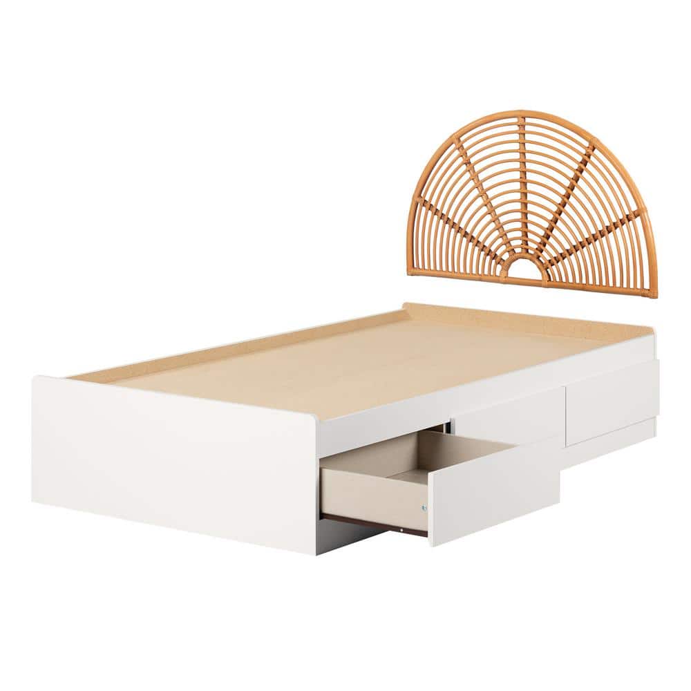 Twin White and Natural Wood Platform Bed with Storage and Rattan Headboard