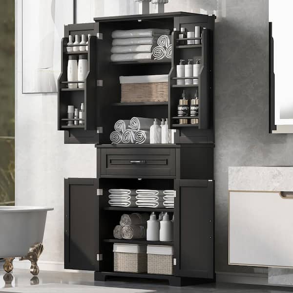29.9 in. W x 15.7 in. D x 72.2 in. H Black Linen Cabinet, Tall Bathroom Storage Cabinet with Drawers, Adjustable Shelf