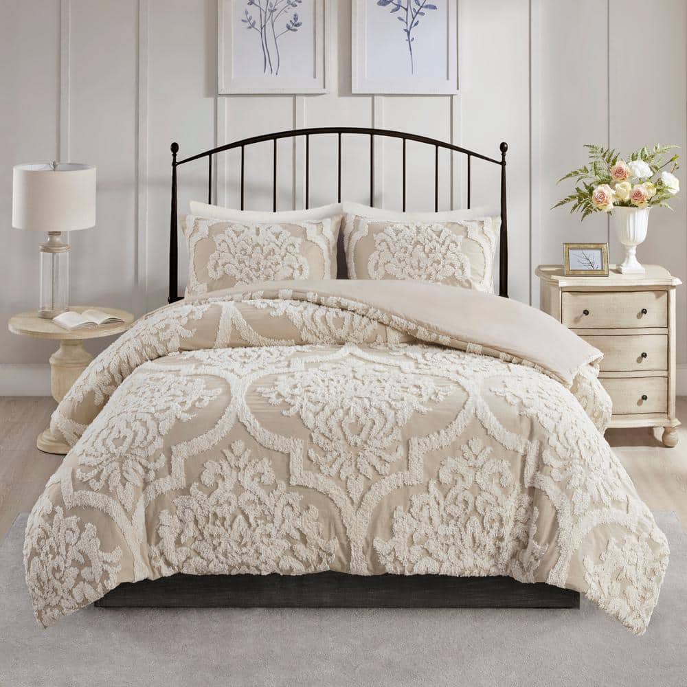 Taupe King Cotton Chenille Damask Comforter Set