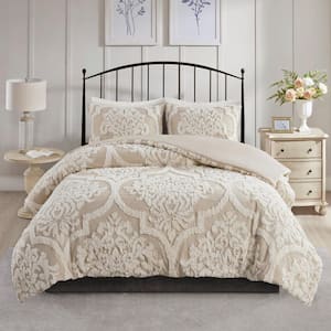 Harleson 3-Piece White Geometric Tufted Chenille and Frayed Cotton King/Cal  King Duvet Cover Set