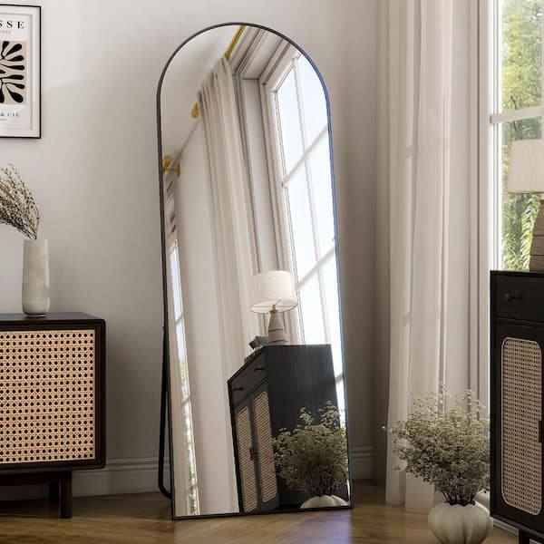 Black 18 in. W x 58 in. H Arched Aluminum Frame Mirror Free Standing Hanging Mounted Mirror Floor Full Length Mirror