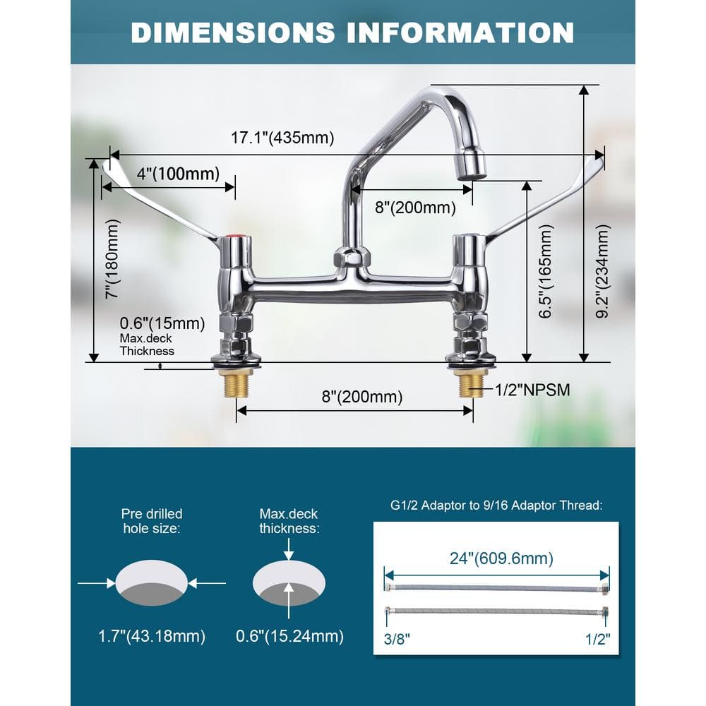 Polished Chrome Double Handle Wall Mount Commercial Faucet