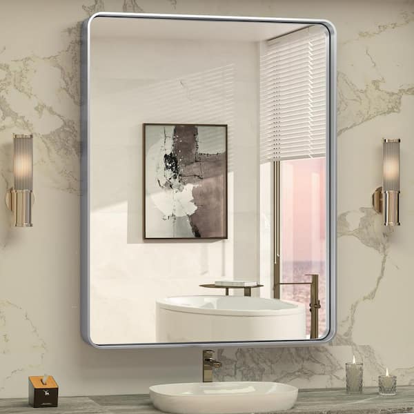 TETOTE 30 in. W x 36 in. H Rectangular Metal Framed Wall Mount Bathroom Vanity Mirror in Silver
