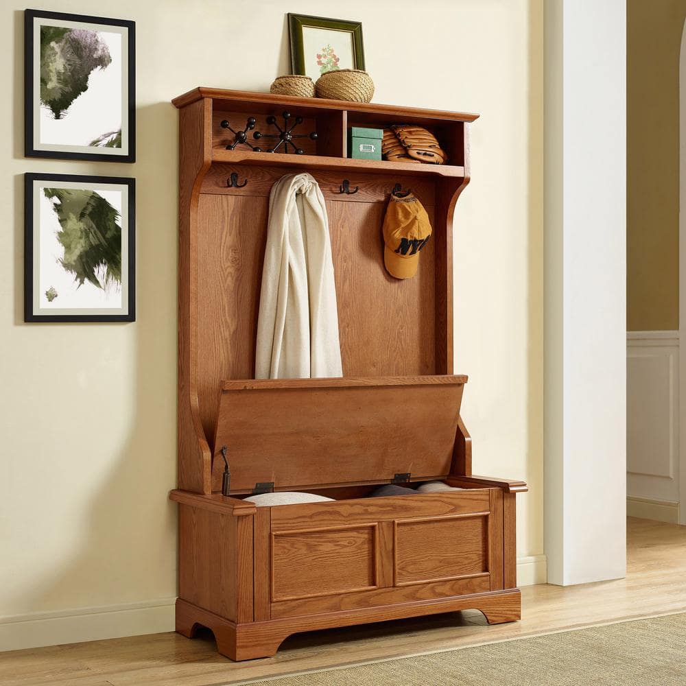 Campbell Oak Hall Tree with Spacious Storage Bench and Double Hooks