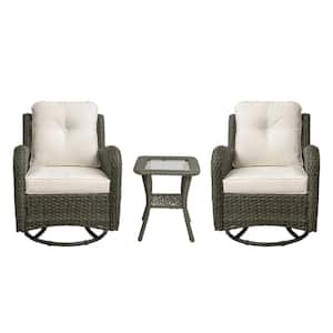 Patio Swivel Wicker Outdoor Rocking Chairs 2-Pieces and Side Table Sets with Beige Cushion (Set of 2)