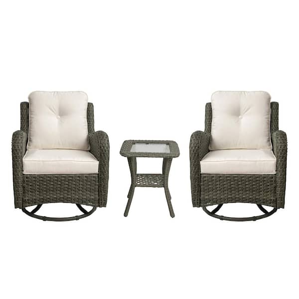 Uixe Patio Swivel Wicker Outdoor Rocking Chairs 2-Pieces and Side Table Sets with Beige Cushion (Set of 2)