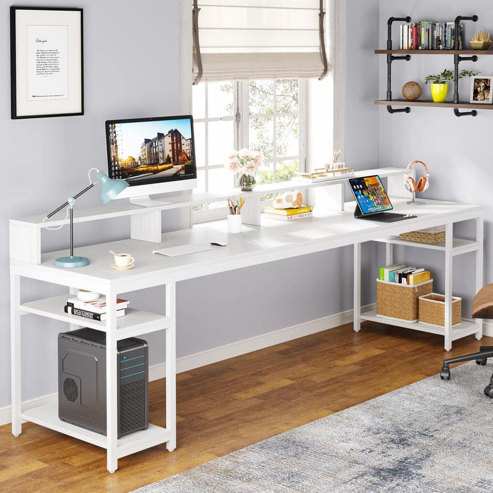 White Double Workstation Desk with Bookshelf and Storage Shelves
