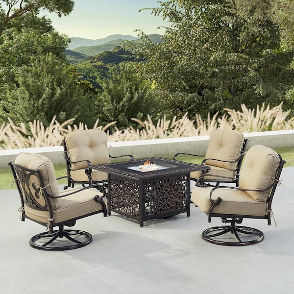 Oakland Living Black 5 Piece Aluminum Patio Fire Pit Table Set with 4 Club Chairs with Tan Cushions