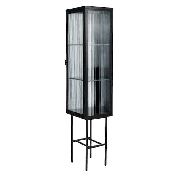 FUNKOL 12.6 in. W x 14.8 in. D x 61.5 in. H Ready to Assemble Floor Base Kitchen Cabinet in Black with Glass door and 3 Shelves