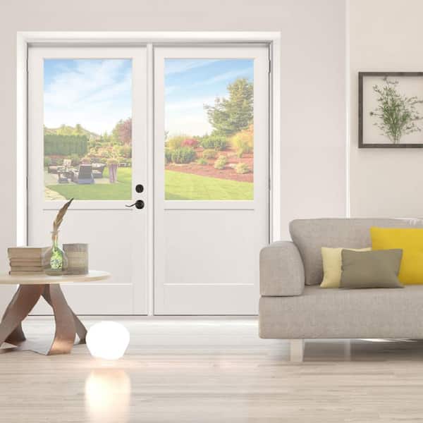 72 in. x 80 in. Right-Hand Outswing 2/3 Lite Low-E Glass White Finished Fiberglass Double Prehung Patio Door