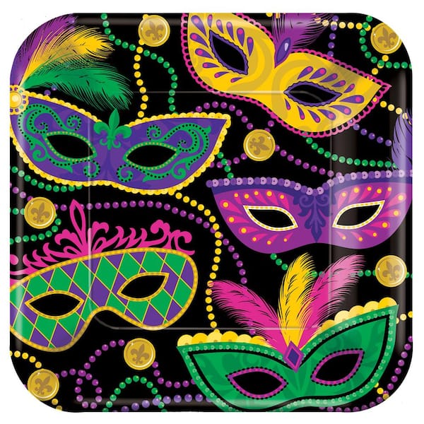 Amscan Mardi Gras Masks 10 in. x 10 in. Paper Mardi Gras Square Plates (5-Pack, 8-Count)