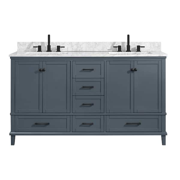 Merryfield 61 in. Double Sink Freestanding Dark Blue-Grey Bath Vanity with White Carrara Marble Top (Assembled)