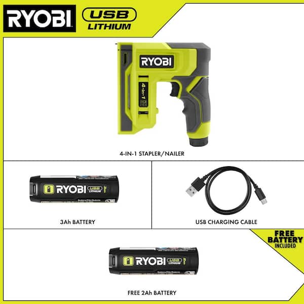 USB LITHIUM 4-in-1 Stapler/Nailer Kit with 3.0 Ah Battery, Charging Cable, and USB Lithium 2.0 Ah Rechargeable Battery