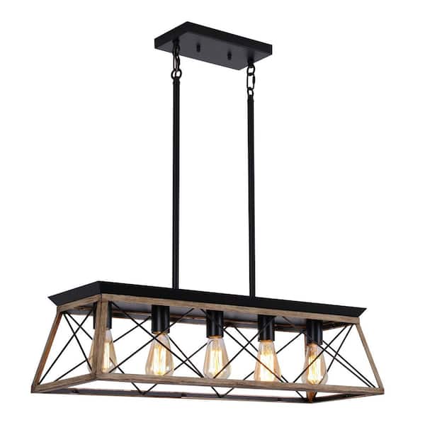 Keazile Industrial Series 5-Light Chandelier, Matte Black and Wood Grain Finish, Modern Shape, Suitable for Living/Dining Room
