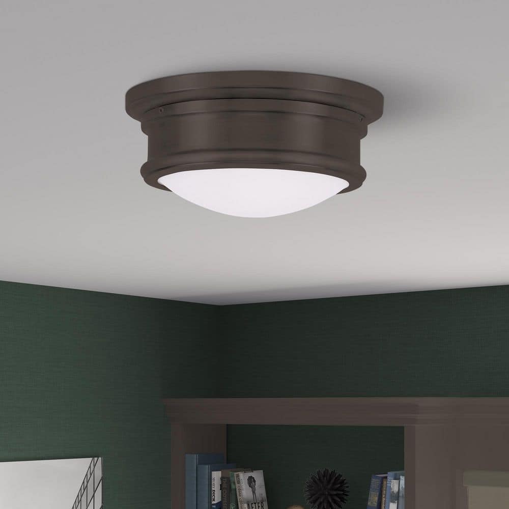 Elegant Bronze 2-Light Flush Mount with Hand Blown Satin White Glass