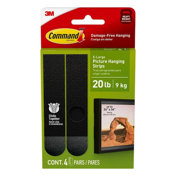20 lbs. XL Picture Hanging Strips, Black, Damage Free Decorating, (4-Pack) (4 Pairs of Strips)