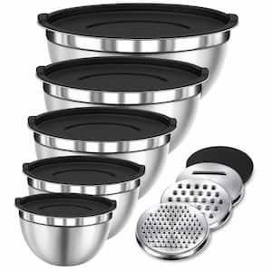 5-Piece Black Mixing Bowls with Lids Set, Stainless Steel Mixing Bowls With 3 Grater Attachments for Baking and Serving