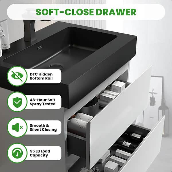 24 in. Wall Mount Modern Single Sink White Bath Vanity with One-Piece Black Solid Surface Top Sink Pre-assembled