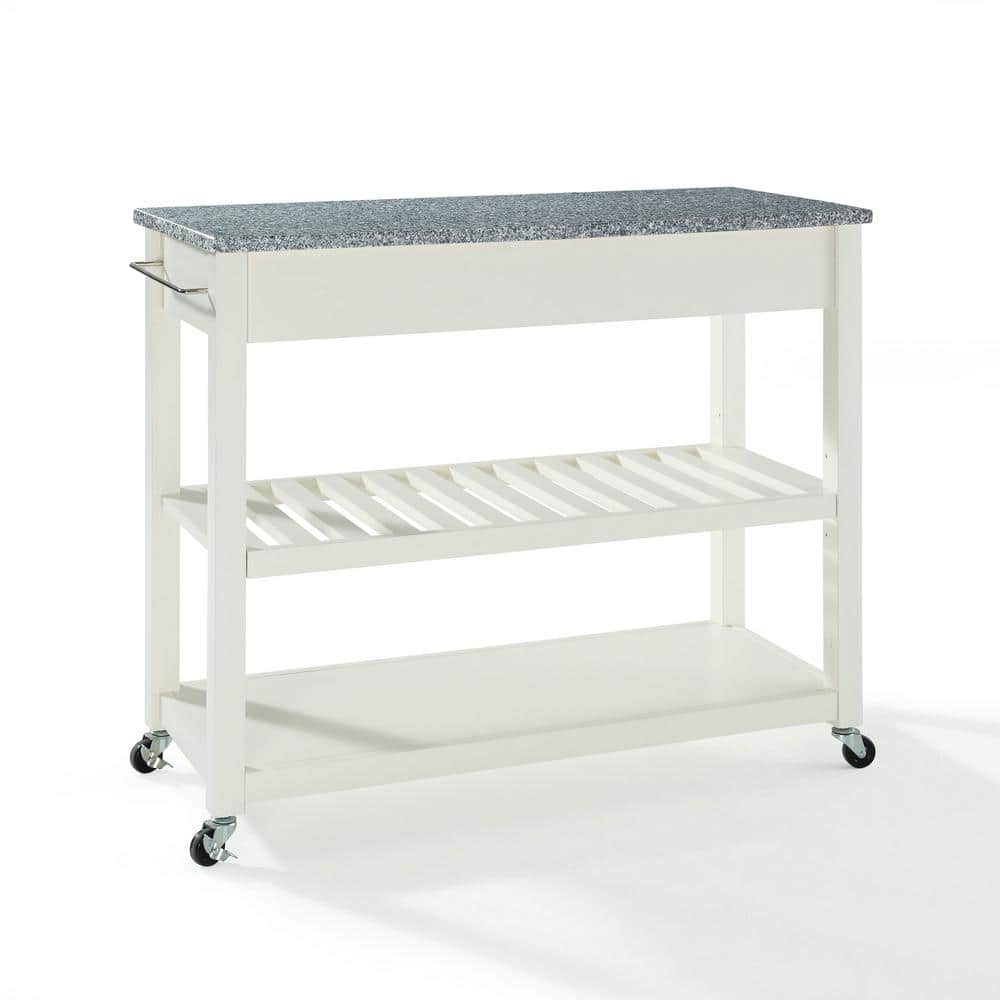 White Granite Top Kitchen Cart with Wine Rack and Storage
