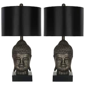 Buddha 24.5 in. Antique Gold Table Lamp with Satin Black Shade (Set of 2)