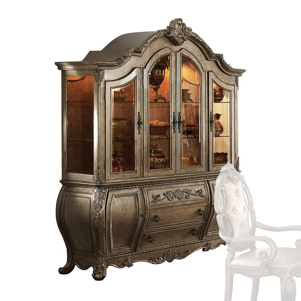 Elegant 72" Vintage Oak Lighted China Cabinet with Intricate Carvings