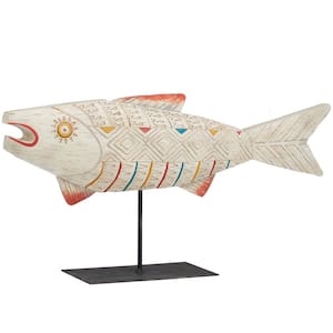 Cream Polystone Carved Geometric Patterned Fish Sculpture with Colorful Accents and Black Stand