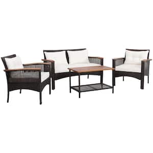 4PCS Rattan Patio Furniture Set Acacia Wood Outdoor Conversation Set w/Cushions
