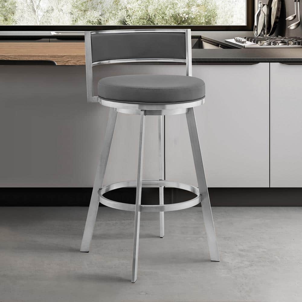 Roman 26 in. H Gray Faux Leather and Brushed Stainless Steel Low Back Swive