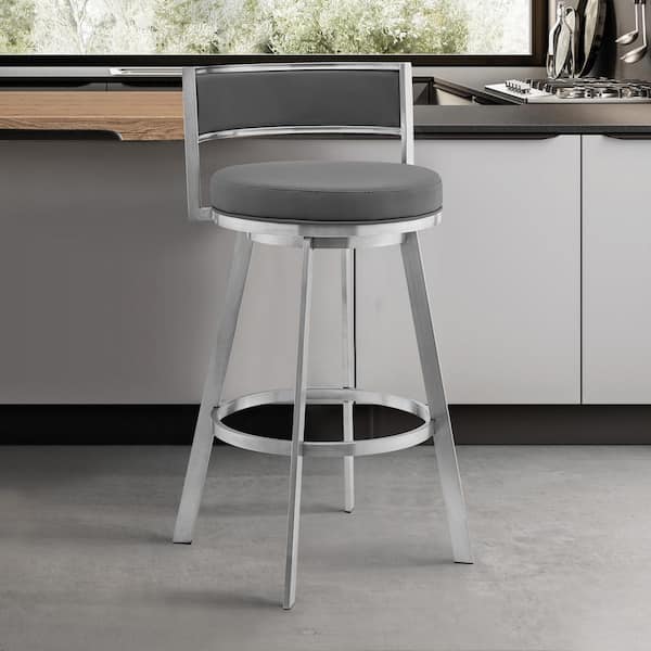 Armen Living Roman 26 in. H Gray Faux Leather and Brushed Stainless Steel Low Back Swivel Bar Stool