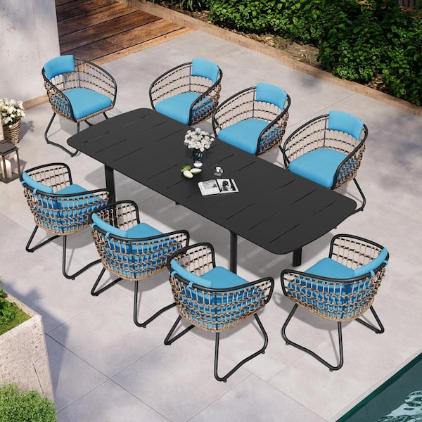 Pellebant 9-Piece Aluminum Faux Rattan Outdoor Dining Set with Washed Blue Cushion and Extendable Table