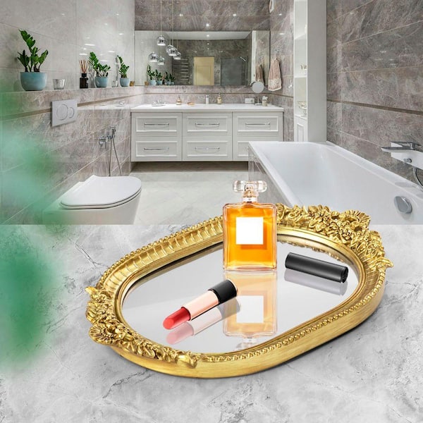 Vintage Series Gold Rectangle Resin Mirror Tray 12.2 in. with