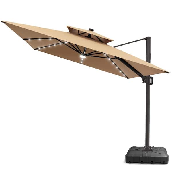 Pellebant Solar LED Double Top 9 ft. x 11 ft. Outdoor Cantilever 360° Rotation Tiltable Patio Umbrella with Base in Tan