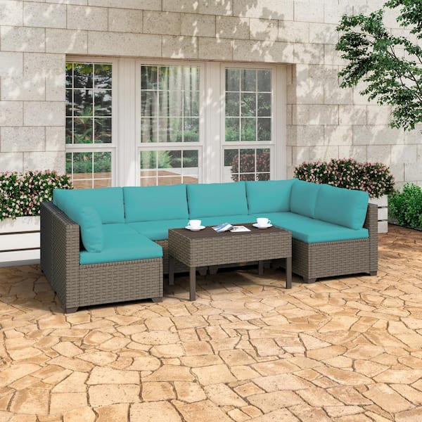 TK CLASSICS Keys 7-Piece Metal Patio Conversation Set with Cyan Cushions