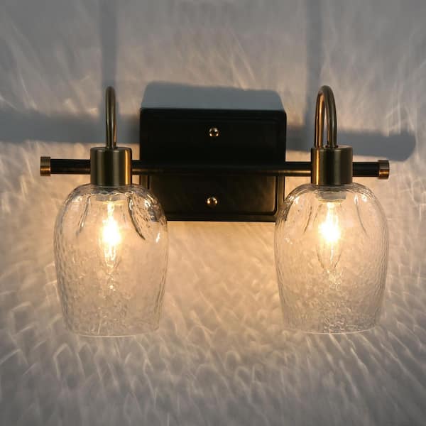 14 in. 2-Light Black and Brass Gold Bathroom Vanity Light, Hammer Glass Bath Lighting, Modern Wall Sconce for Mirrors
